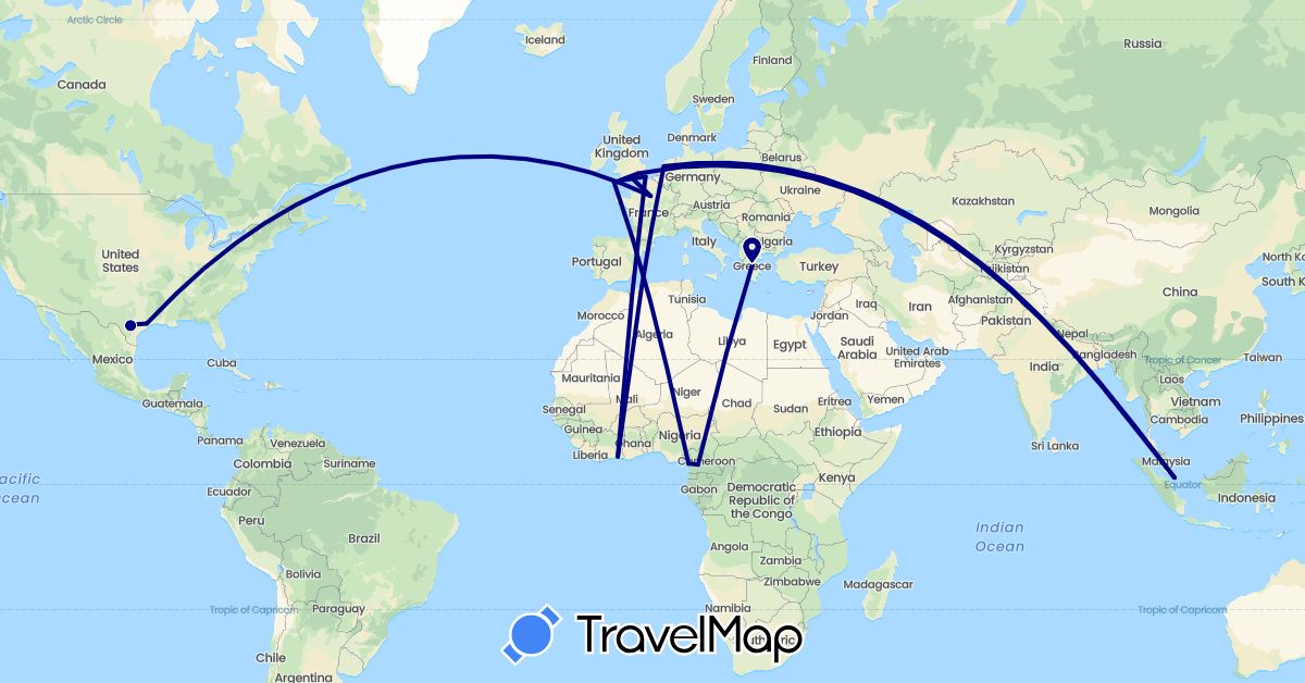 TravelMap itinerary: driving in Côte d'Ivoire, Cameroon, France, United Kingdom, Greece, Netherlands, Singapore, United States (Africa, Asia, Europe, North America)